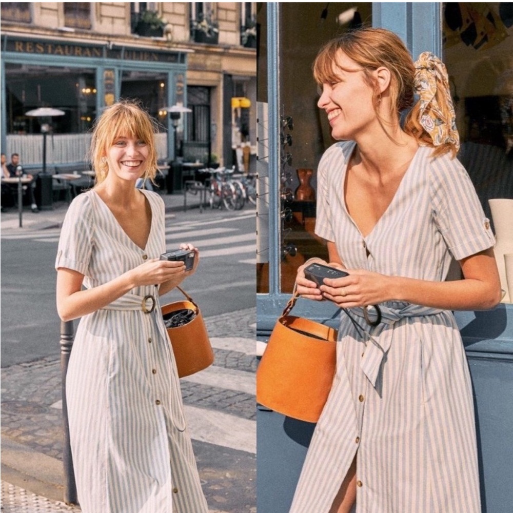 Sezane Marianne Blue & Ecru Striped Belted Midi Dress size 36